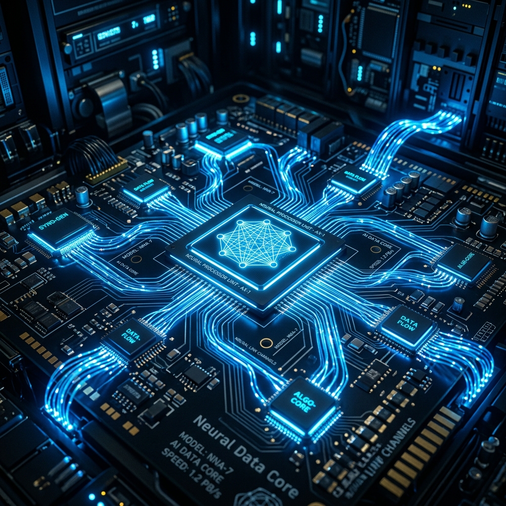 Abstração de arquitetura neural — circuitos e chips representando IA